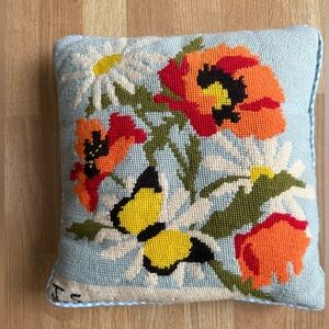 Vintage Floral Needlepoint Pillow with Butterfly